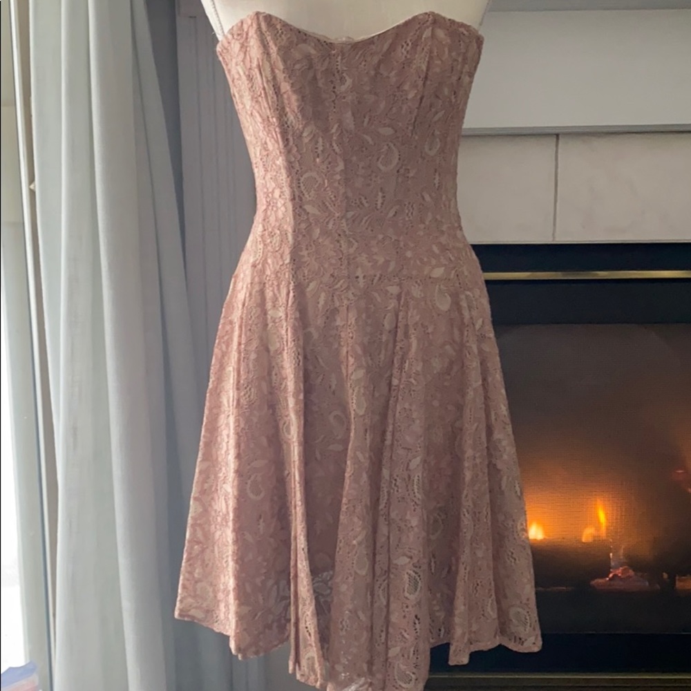 French Connection blush pink strapless lace dress